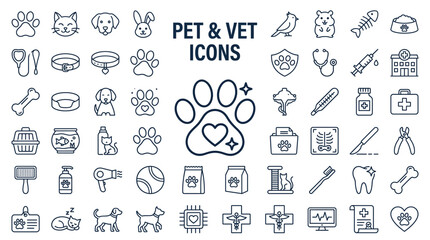 Set of pet and veterinary line icons for animal care, pet shop, clinic, and grooming services