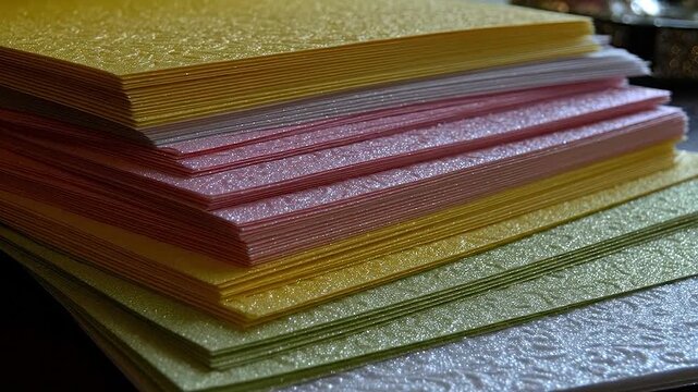 Beautiful stacks of colorful textured paper with a glittery surface
