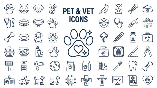 Set of pet and veterinary line icons for animal care, pet shop, clinic, and grooming services