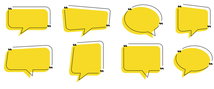 Collection of eight yellow quote boxes and speech bubbles quotation mark. Quote box, quote frame, speech bubble, quotation marks design element vector illustration on white background. EPS10.
