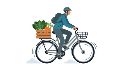 Naklejka premium Male courier riding bicycle delivering fresh organic vegetables in crate flat vector illustration