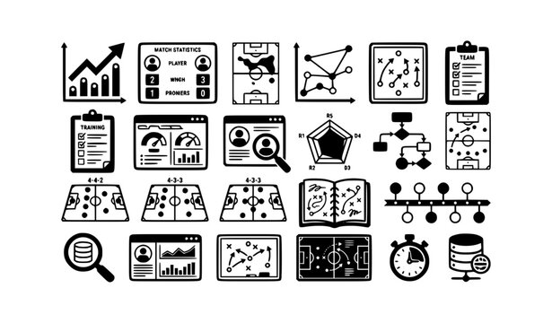 Football match analytics icons soccer statistics and data tracking vectors