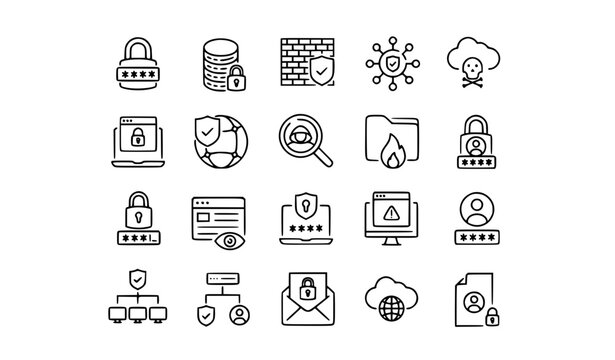 Cyber security and data protection line icons set vector illustration