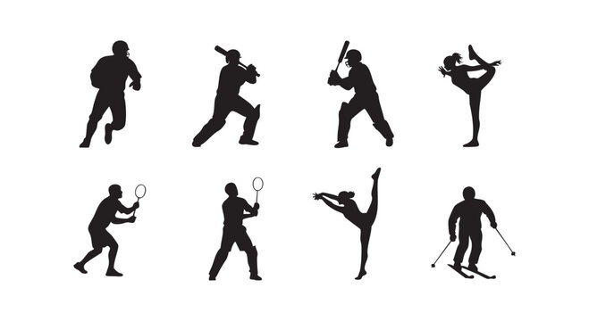 Athletic silhouettes showing people playing cricket football skiing and performing gymnastic moves on white background.