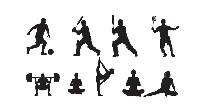 Athletic sports silhouettes including soccer and cricket players along with gymnastics and yoga positions for competition.
