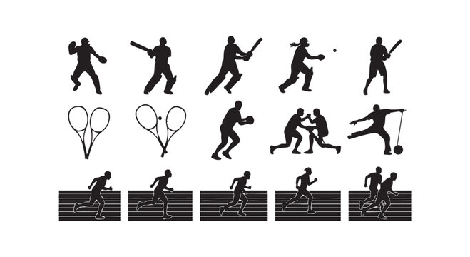 Athletic silhouettes showing running sprinting batting wrestling and various sports equipment like tennis rackets set art.