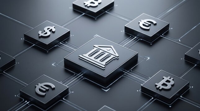 Digital banking concept with central bank icon connected to global currency symbols on a futuristic dark circuit board network for financial technology