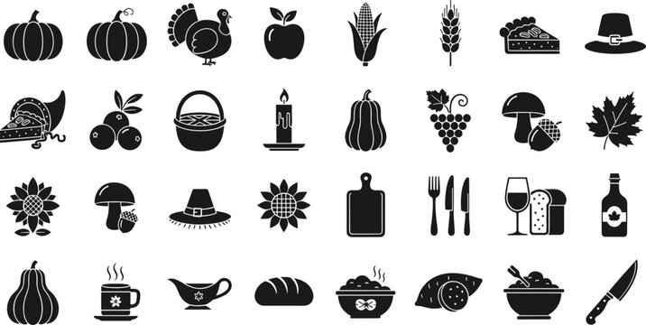 Diverse set of black and white thanksgiving and autumn icons for seasonal designs