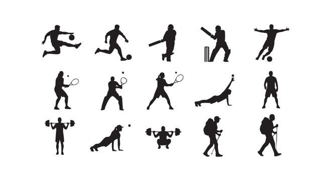 Athletic sports silhouettes set featuring football cricket tennis weightlifting and hiking activities for health and fitness.