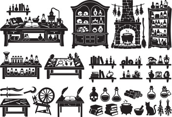 Obraz premium Premium Halloween Witch Workshop Collection Silhouette Bundle Featuring Tools Workbenches Crafting Stations And Magical Equipment