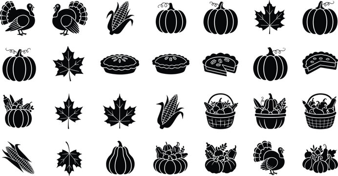 Thanksgiving and autumn harvest black icons set including turkey pumpkins corn and pie elements