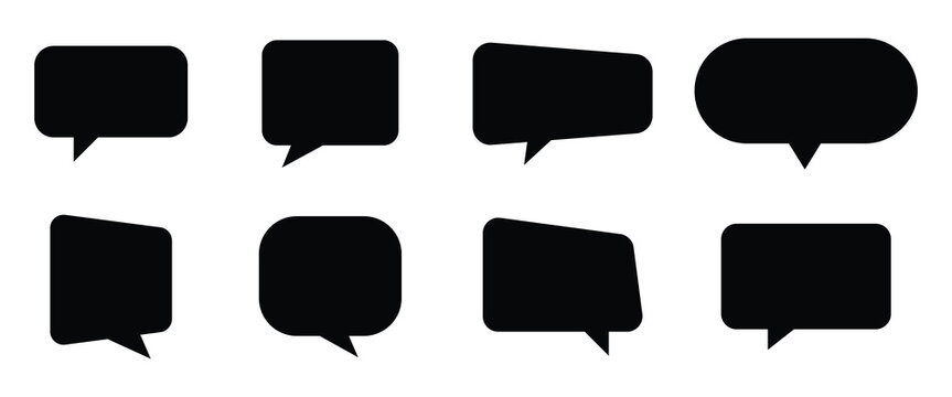 Collection of eight different blank black speech bubble outlines including square round cloud and overlapping shapes for text. eps10

