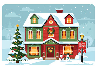 Fototapeta premium A festive holiday house with snow-covered roof and decorations