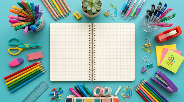 Colorful school supplies surround an open notebook on a teal background with a small potted plant