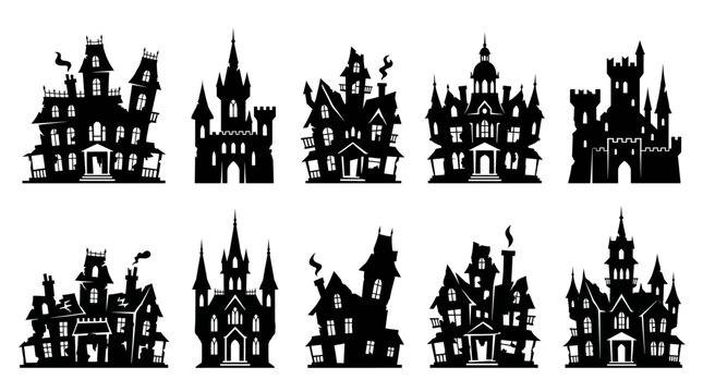 Set of haunted houses, spooky mansions and castles silhouettes