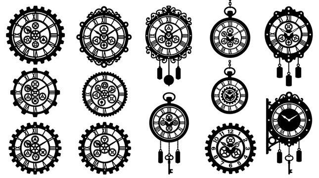 Set of vintage clock silhouettes, steampunk style wall and pocket clocks with gears and mechanical details