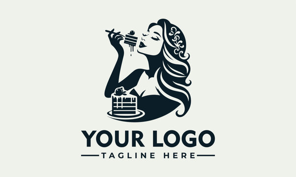 Elegant woman eating a delicious piece of cake logo design template.