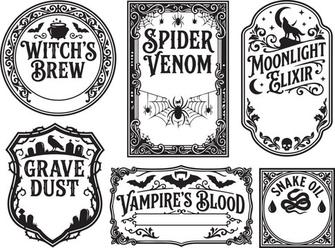 Halloween Vintage Apothecary Label Collection Featuring Retro Pharmacy Designs And Decorative Typography Frames