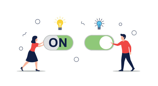 Creative concept of man and woman activating switch toggles to turn on bright ideas illustrated by glowing lightbulbs.