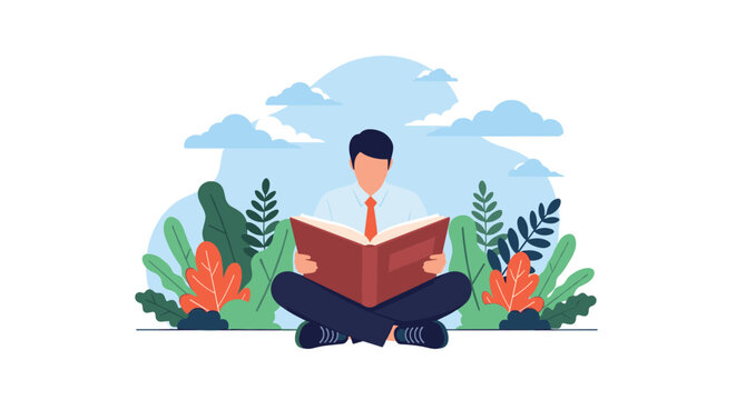 Young man in formal shirt and red tie sitting cross-legged in a garden while reading a large interesting book.