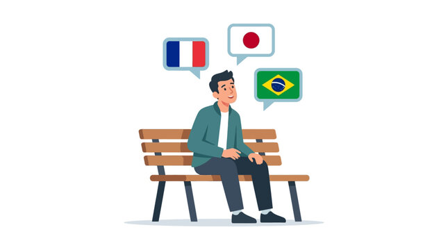 Motivated young man learning multiple foreign languages while sitting on a bench flat design vector illustration