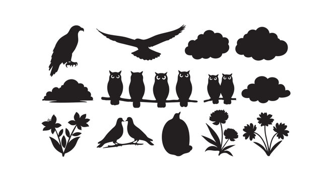 Birds, owls, flowers, and clouds vector silhouette collection with two doves and three kinds of plants as decorative elements.