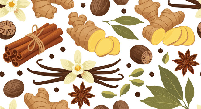 Seamless vector pattern featuring aromatic kitchen spices including ginger root, cinnamon sticks, vanilla flowers, and nutmeg.