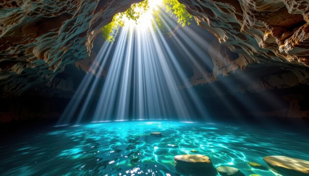 Sunlight beams pierce through a cave opening, illuminating clear blue water and rocky formations.