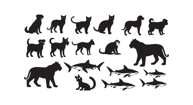 Black silhouette collection showing various animals including dogs cats monkeys tigers and swimming shark creatures.