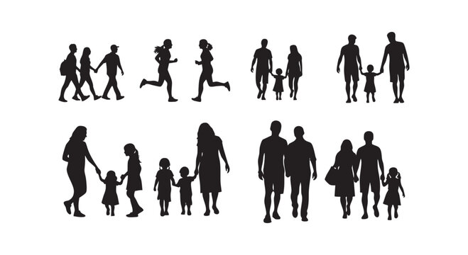 Black silhouette collection showcasing family members and couples walking together and running outdoors on white backdrop.