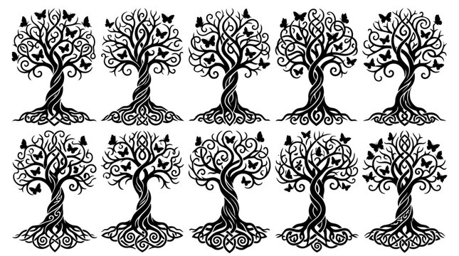 Set of stylized trees with butterflies, celtic knot roots, and swirling branches, black and white vector illustrations for tattoo, logo, or decorative design elements