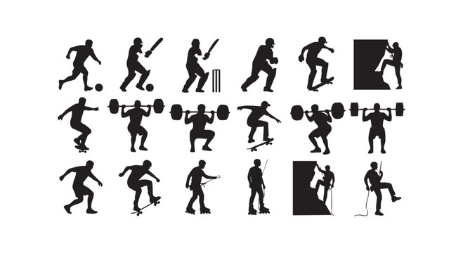 Black silhouette collection showing various human athletic actions including rock climbing weightlifting and skating.