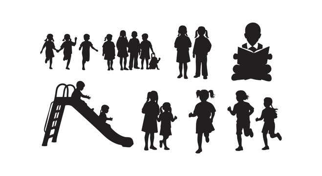 Black silhouette graphics of children playing learning and active youth lifestyle moments on white isolated surface.