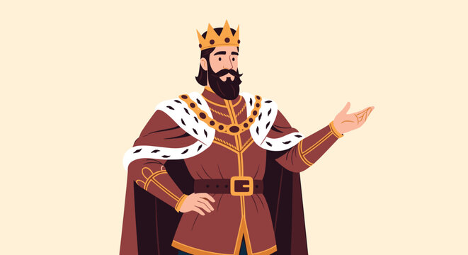 Portrait of a medieval king wearing a gold crown and fur-lined royal mantle, gesturing with his hand in welcome or announcement.