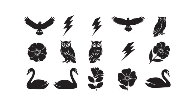 Black silhouettes of birds flowers swans and lightning on white background vector illustration graphic design.