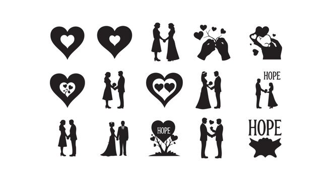 Black silhouettes of couples hearts and text hope in various romantic wedding designs.