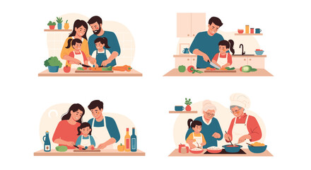 Fototapeta premium Warm family moments showing parents, children, and grandparents cooking healthy meals together in the kitchen.