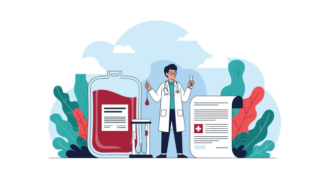 Medical doctor standing in front of a giant blood bag, hourglass, and test results for a blood donation concept.