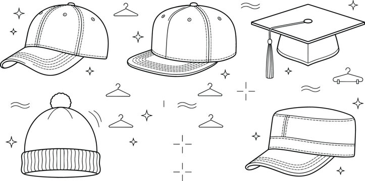 Hat and cap vector line art set with baseball beanie graduation snapback military headwear outline icons for fashion