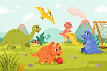 Naklejka premium Cheerful cartoon scene of friendly dinosaurs playing in a prehistoric park with a slide, volcanoes, and lush green grass under a bright blue sunny sky