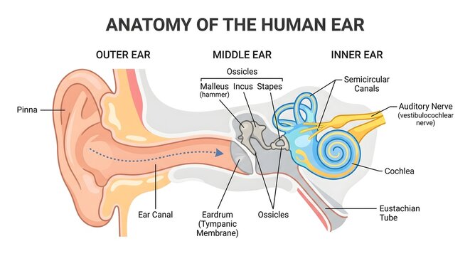 Human Ear Anatomy Diagram Showing Outer, Middle, and Inner Ear Structures with Pinna, Eardrum, Ossicles, Cochlea, and Auditory Nerve