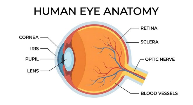 Human Eye Anatomy Cross Section Diagram Showing Cornea, Iris, Pupil, Lens, Retina, Sclera, Optic Nerve, and Blood Vessels