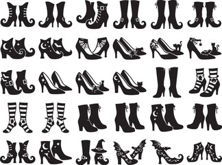 Obraz premium Halloween Witch Shoe Collection Silhouette Bundle Featuring Curved Boots Magical Footwear And Fantasy Costume Designs