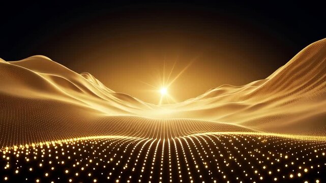 Abstract golden landscape with glowing particles and smooth flowing waves 4k video
