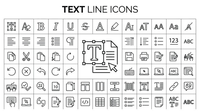 Set of text line icons, typography and document editing symbols, vector illustration