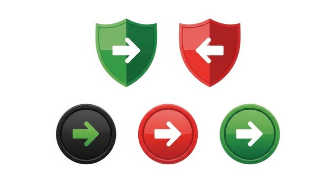 Green and red shield and button icons with white arrows