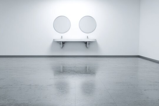 Minimalist bathroom with two sinks and reflective floor.