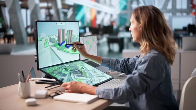 Urban Planner Woman Uses Touchscreen Desktop For City Design