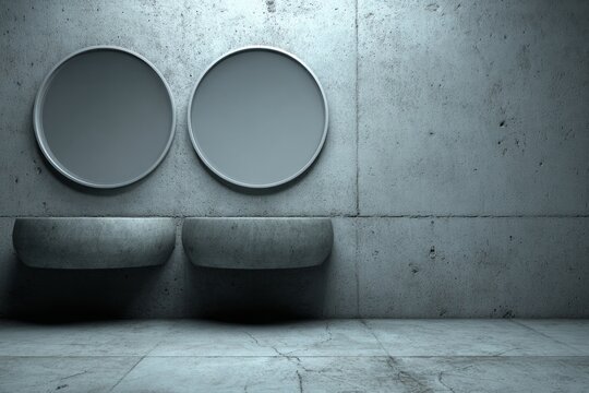 Modern concrete bathroom with two circular mirrors and basins.