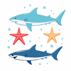 Fototapeta premium Cute Cartoon Sharks and Starfish Illustration